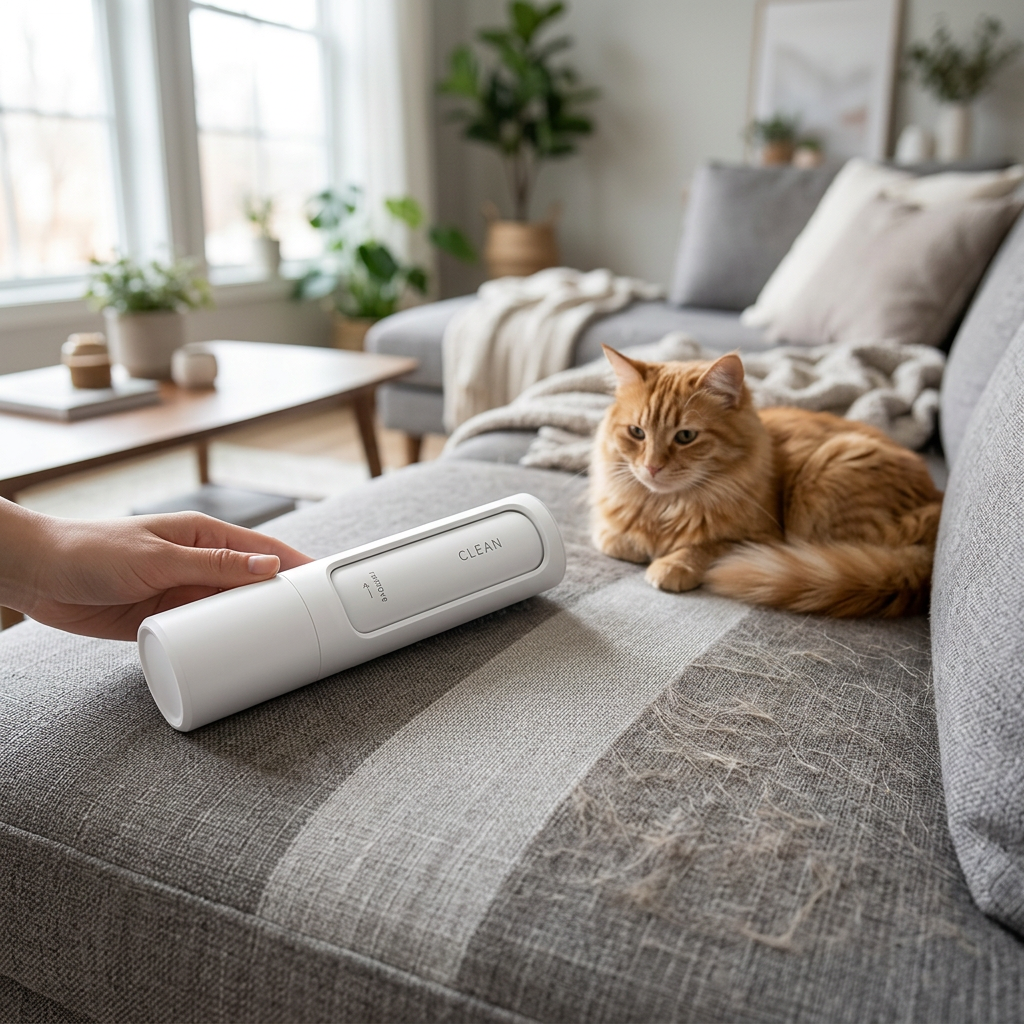 Reusable pet hair remover brush on a sofa with a cat nearby