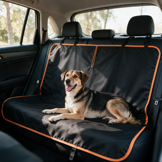 Oxford cloth dog car hammock installed across rear car seats with a dog resting on it