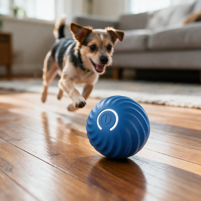 Interactive rolling dog ball mid-roll across a wooden floor with a dog chasing it