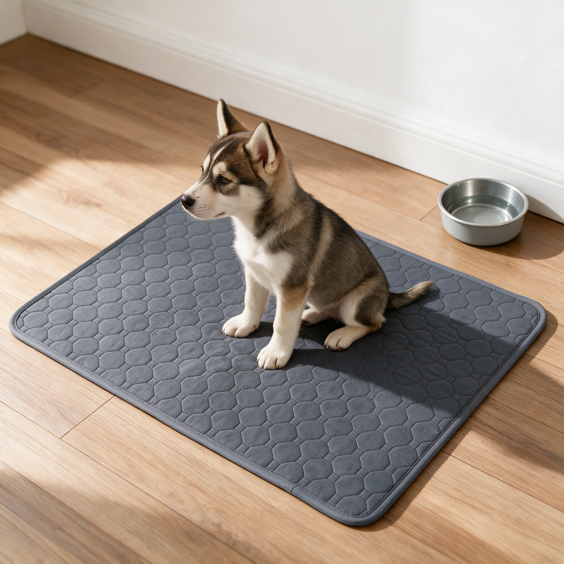 Washable pet training pad on a wooden floor with a puppy sitting on it